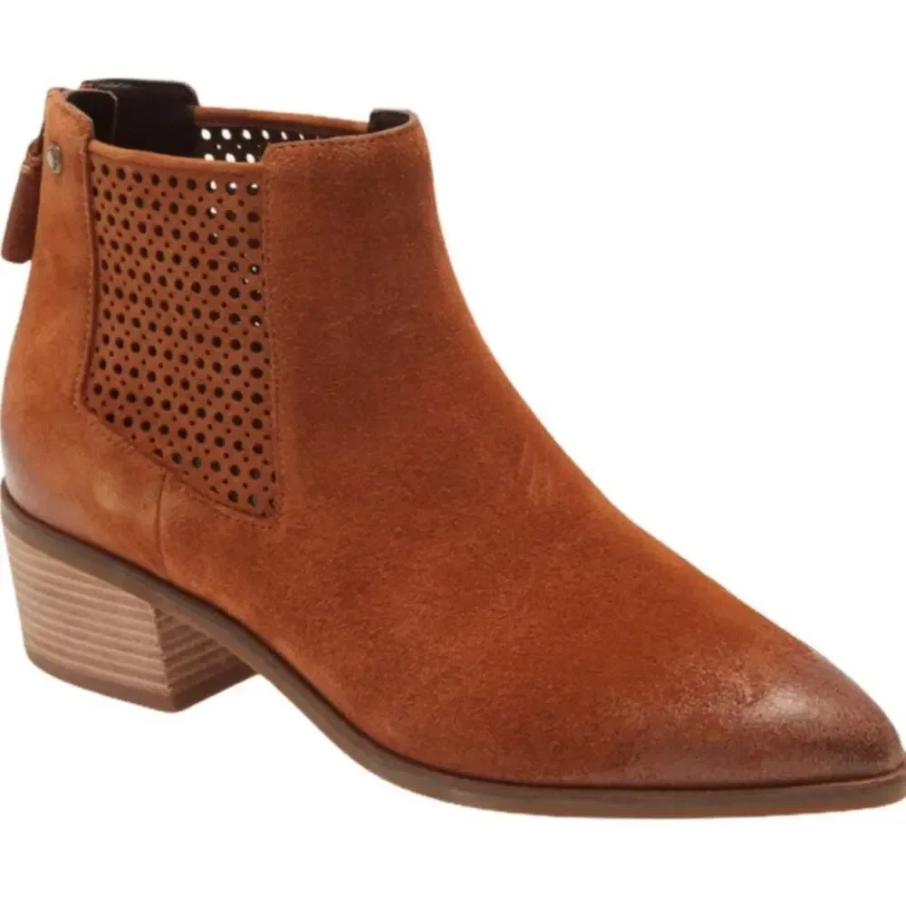 Cole Haan Brown Val Perforated Suede Ankle Boots‎ in British Tan Suede.